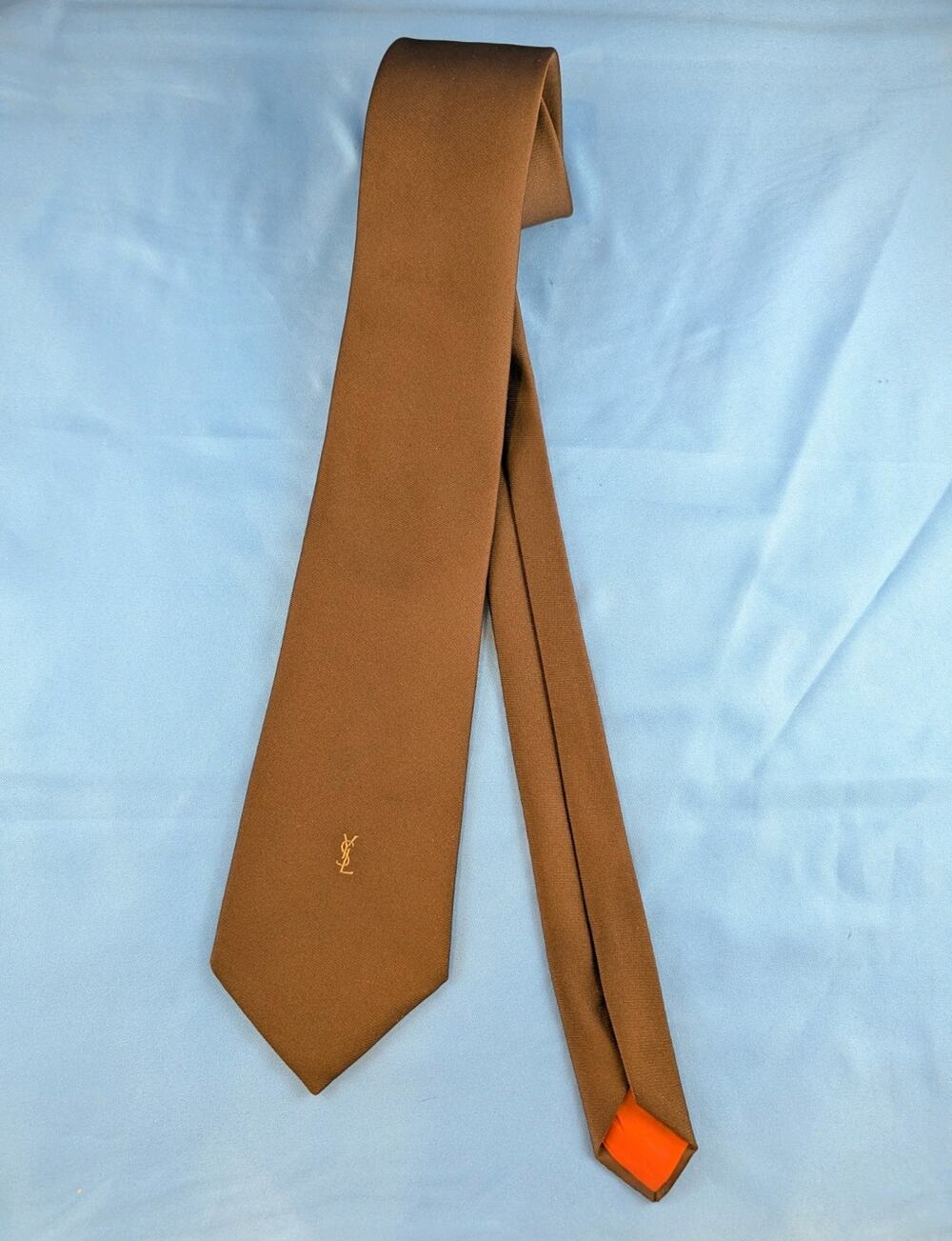 Yves Saint Laurent Men's Silk Tie ChocolateBrown Orange Solid Woven Logo